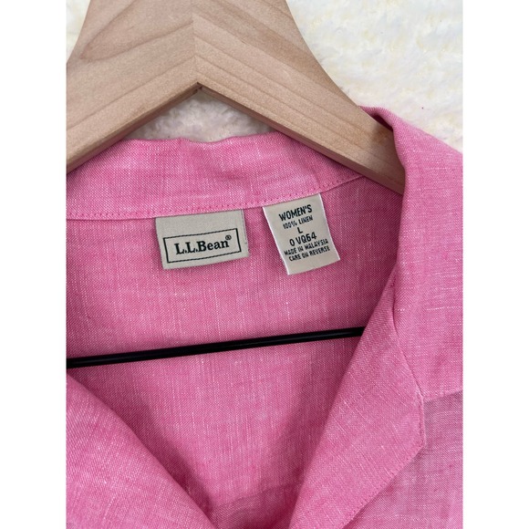 LL Bean Pink Linen Womens Large Short Sleeve Button Front Shirt Summer Vacation - Picture 10 of 10